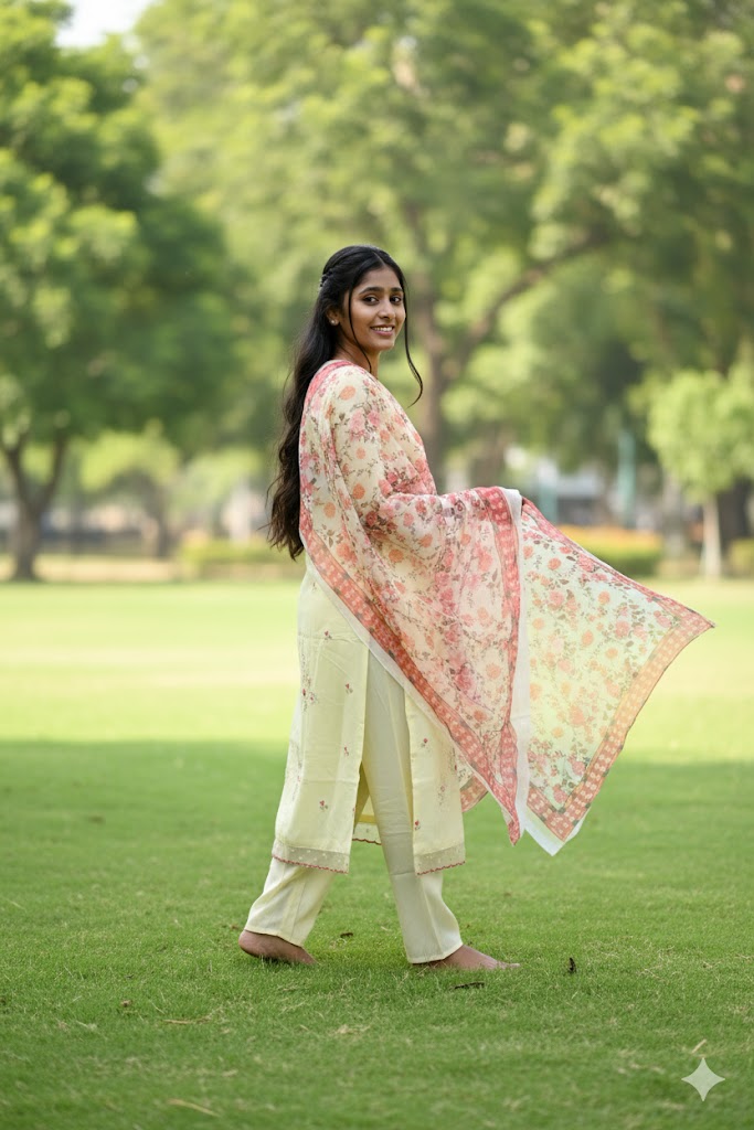Light Yellow Kurti With Floral Dupatta For Women & Girls