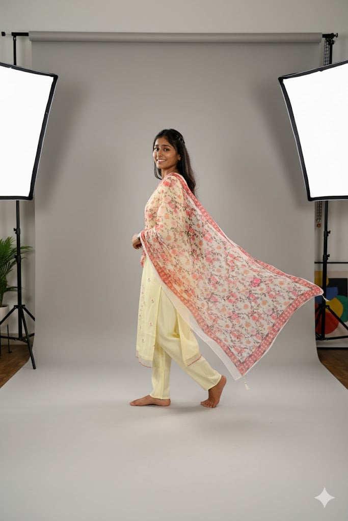 Light Yellow Kurti With Floral Dupatta For Women & Girls