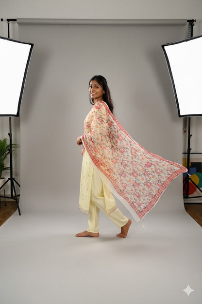 Light Yellow Kurti With Floral Dupatta For Women & Girls