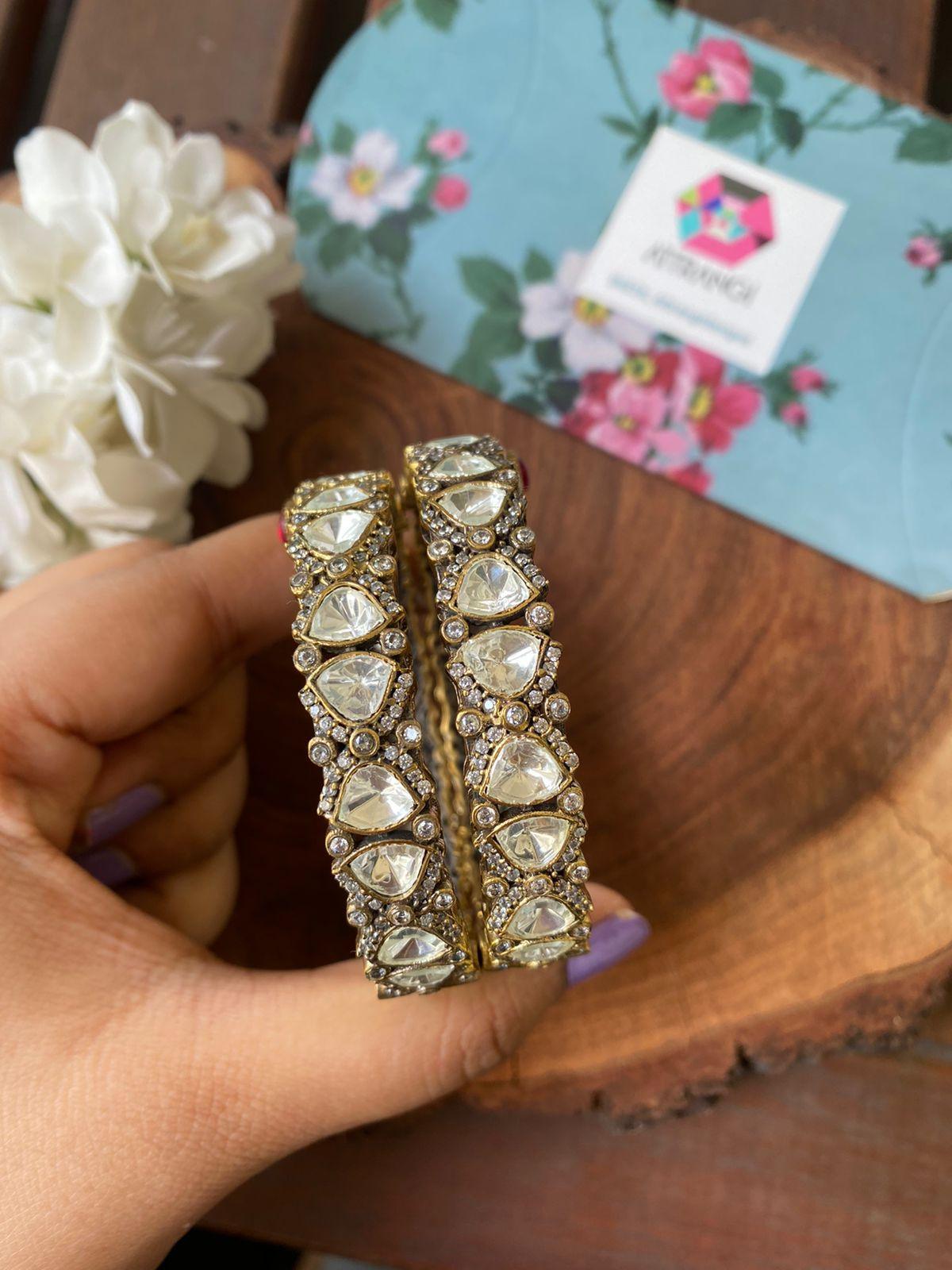 Sushmi Antique Gold Moissanite Polki Bangles - Attrangi