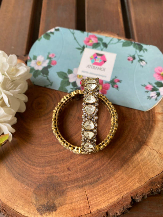 Sushmi Antique Gold Moissanite Polki Bangles - Attrangi