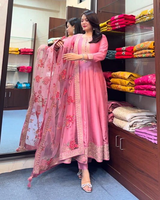 Pink Embroidered Anarkali Suit Set with Floral Net Dupatta