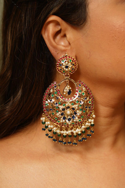 Tasneem Jadaau Chandbalis In Rubies Emeralds & Tanzanites - Attrangi