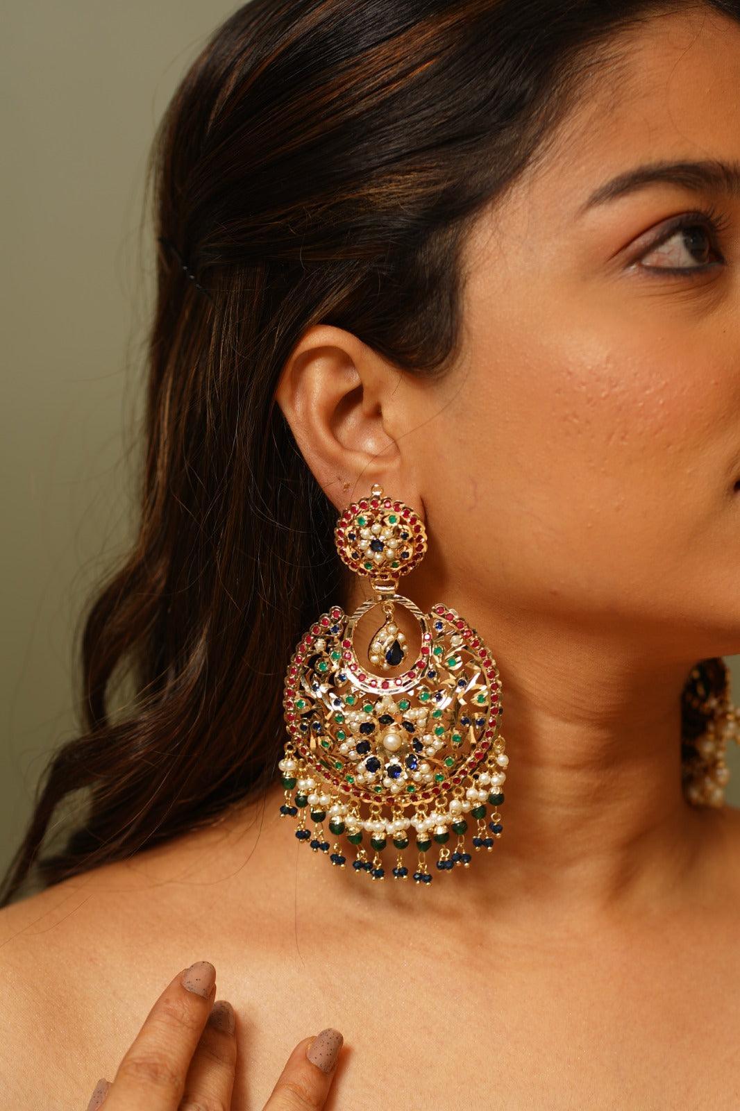 Tasneem Jadaau Chandbalis In Rubies Emeralds & Tanzanites - Attrangi