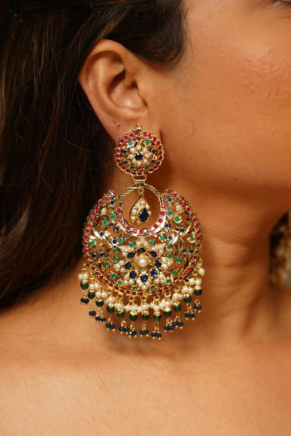 Tasneem Jadaau Chandbalis In Rubies Emeralds & Tanzanites - Attrangi