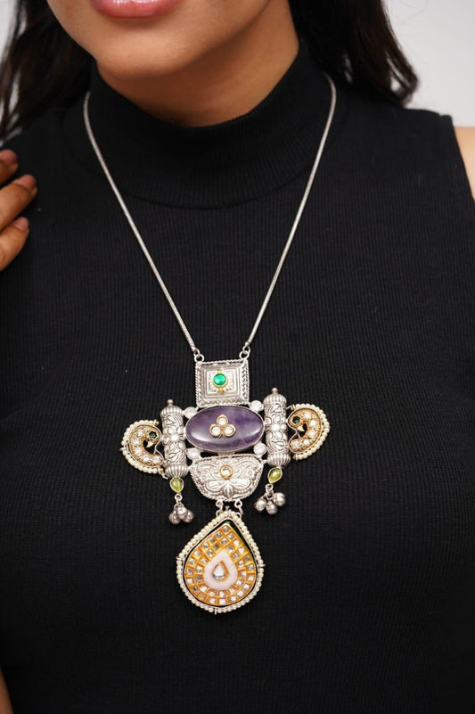 Tejal Banjaran Statement Long Necklace | Gold And Silver Polish - Attrangi