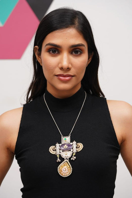Tejal Banjaran Statement Long Necklace | Gold And Silver Polish - Attrangi