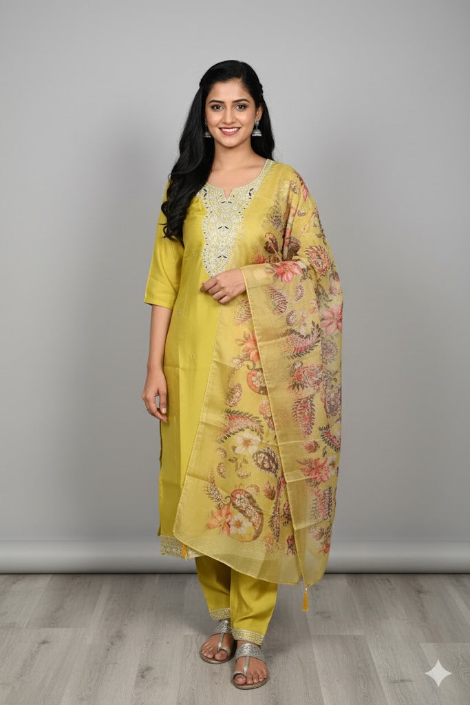 Yellow Kurti With Floral Dupatta For Women & Girls