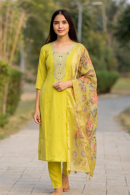 Yellow Kurti With Floral Dupatta For Women & Girls