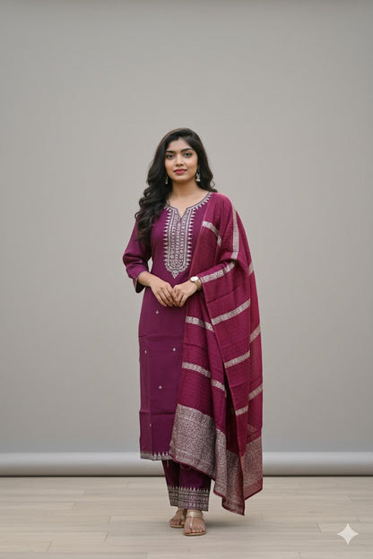 Purple Kurti With Embellished Silver Yoke For Women & Girls