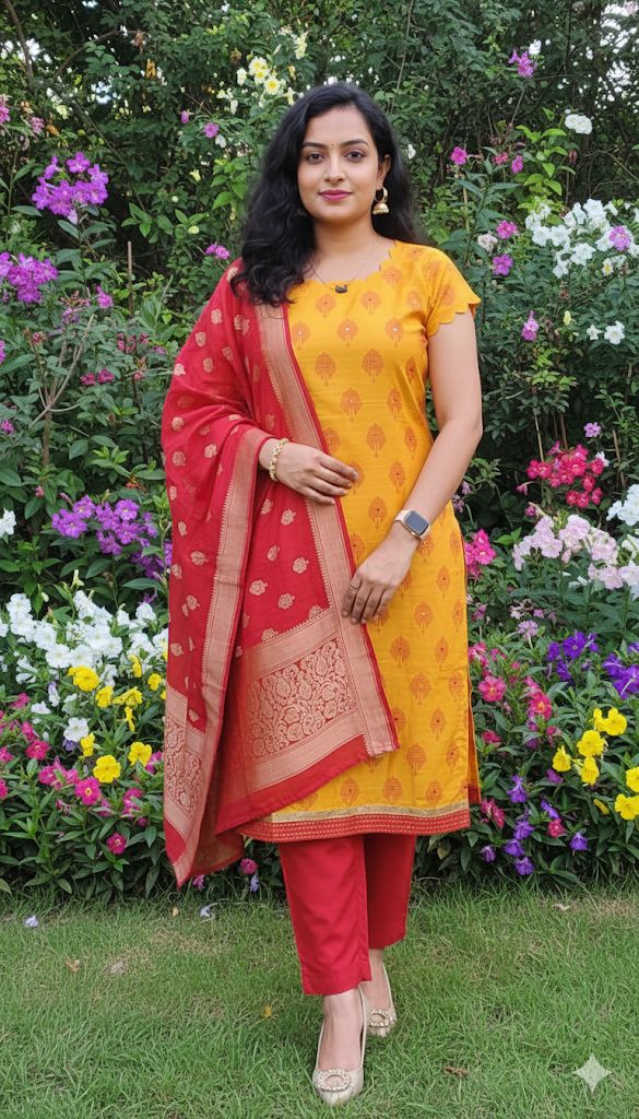 Yellow and red combination Printed 3 Piece Cotton Kurti  With Printed Floral Dupatta For Women