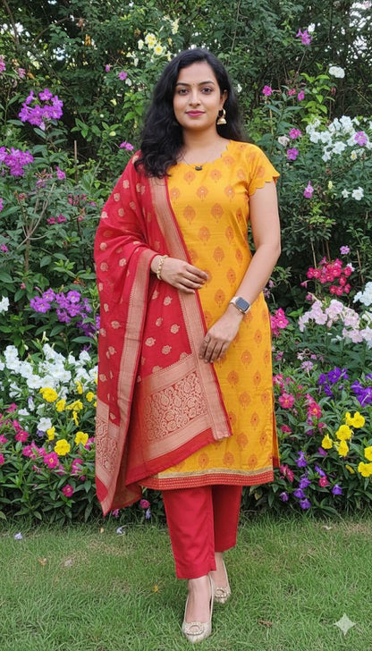 Yellow and red combination Printed 3 Piece Cotton Kurti  With Printed Floral Dupatta For Women