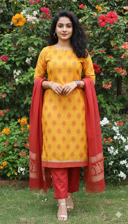 Yellow and red combination Printed 3 Piece Cotton Kurti  With Printed Floral Dupatta For Women