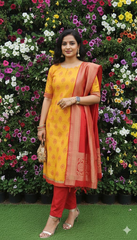 Yellow and red combination Printed 3 Piece Cotton Kurti  With Printed Floral Dupatta For Women
