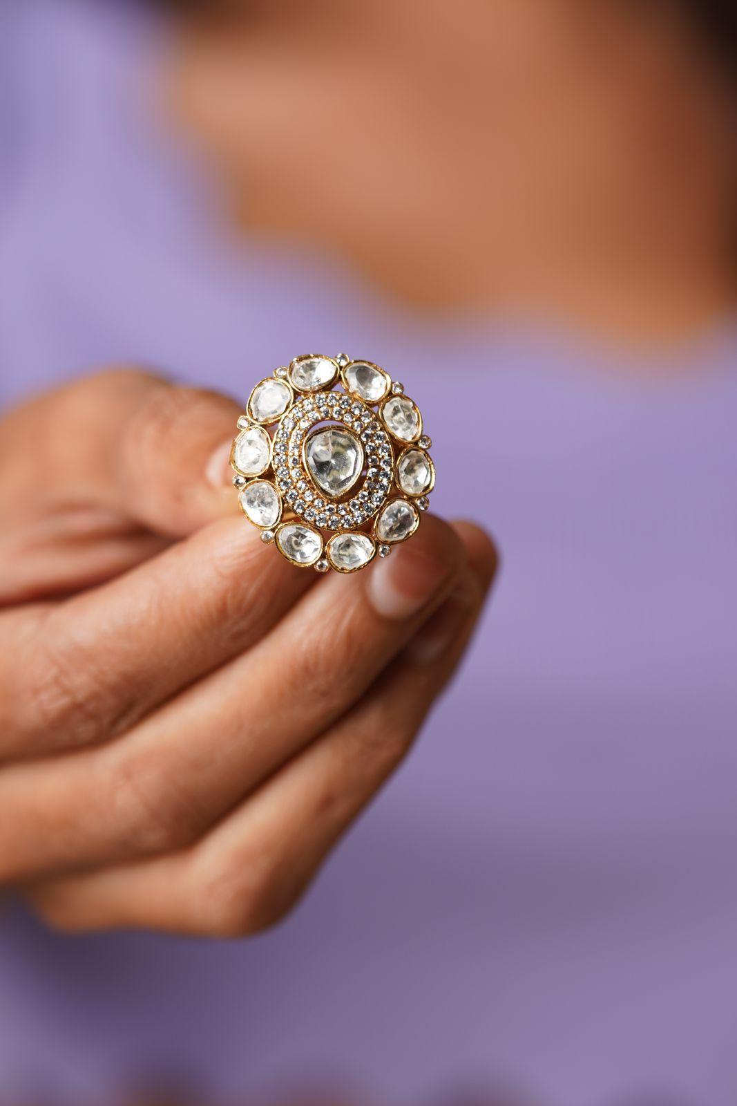 Uncut Diamond Antique Gold Adjustable Indian Ring - Attrangi
