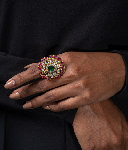 Uncut Polki Rudra Ruby and Emerald Ring - Attrangi