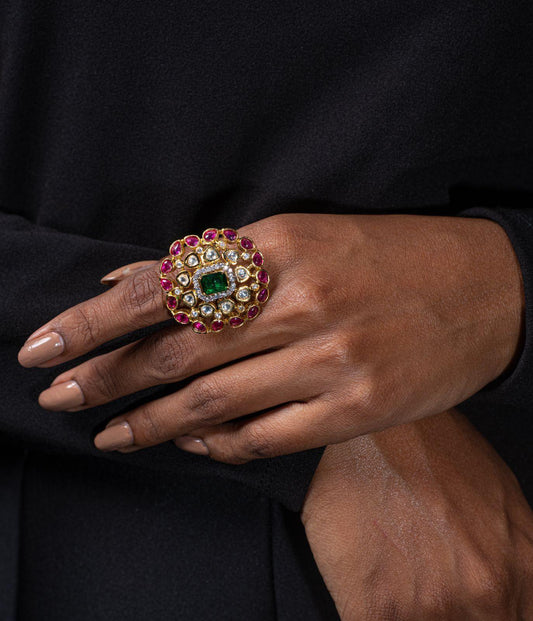 Uncut Polki Rudra Ruby and Emerald Ring - Attrangi