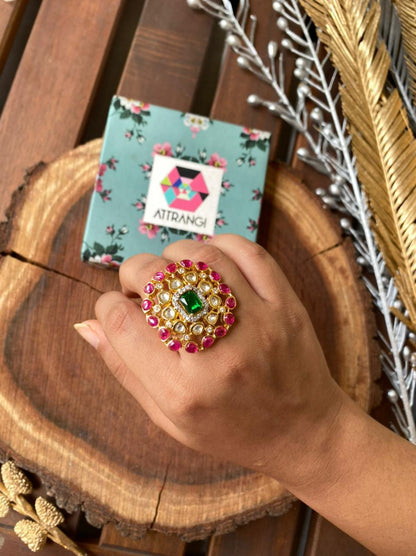 Uncut Polki Rudra Ruby and Emerald Ring - Attrangi