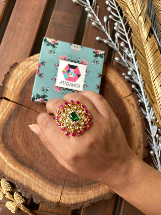 Uncut Polki Rudra Ruby and Emerald Ring - Attrangi