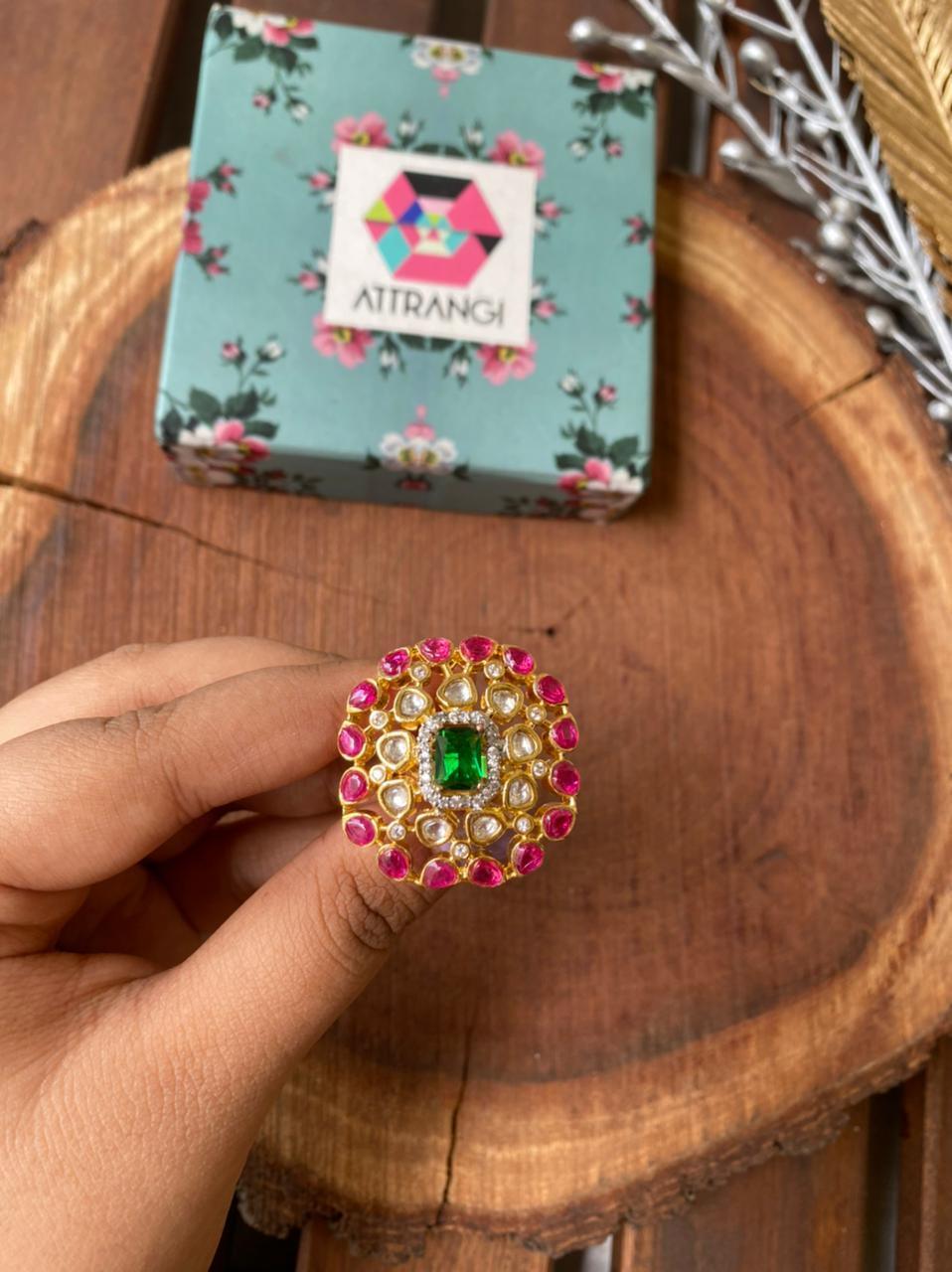 Uncut Polki Rudra Ruby and Emerald Ring - Attrangi