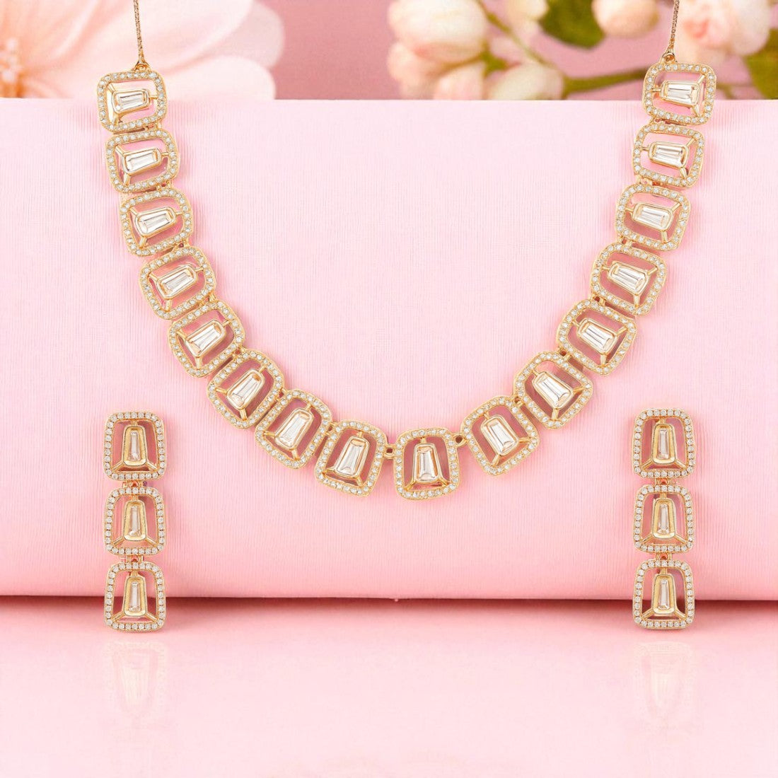 Rose Gold Plated American Diamond Necklace & Earrings Set