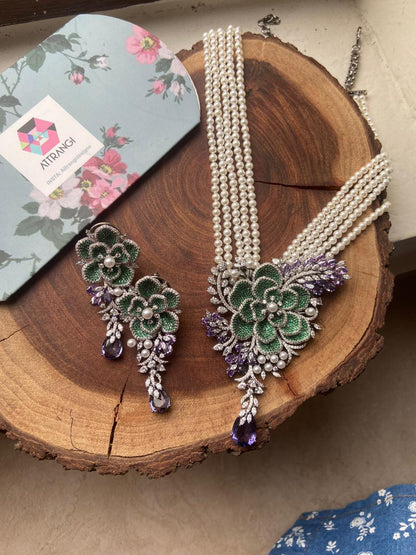 Vanessa Floral Pearl Long Necklace Set - Attrangi