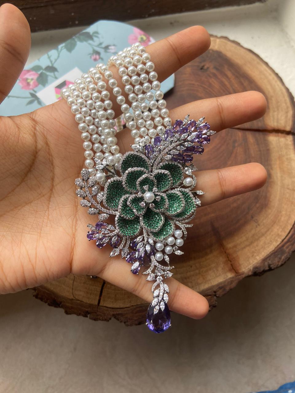 Vanessa Floral Pearl Long Necklace Set - Attrangi