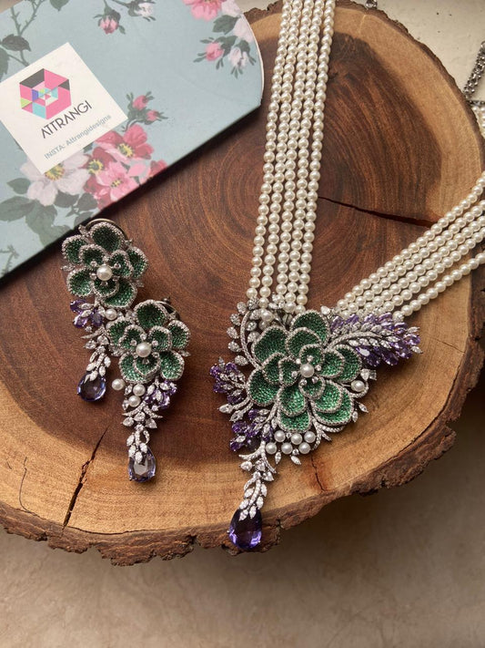 Vanessa Floral Pearl Long Necklace Set - Attrangi