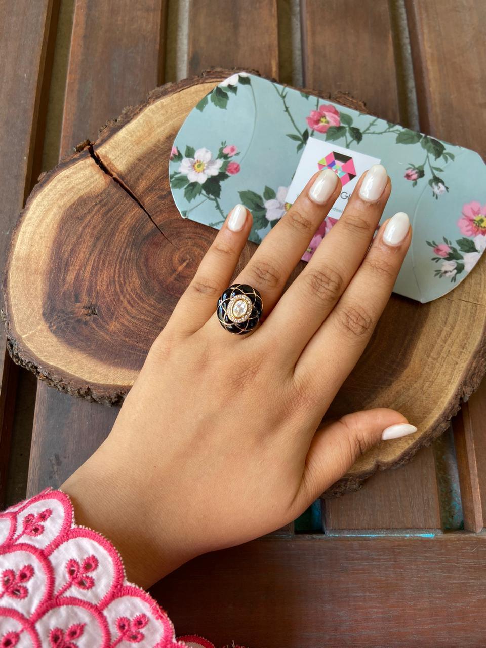 Vedavati Enamel IndoWestern Polki Ring | Adjustable - Attrangi