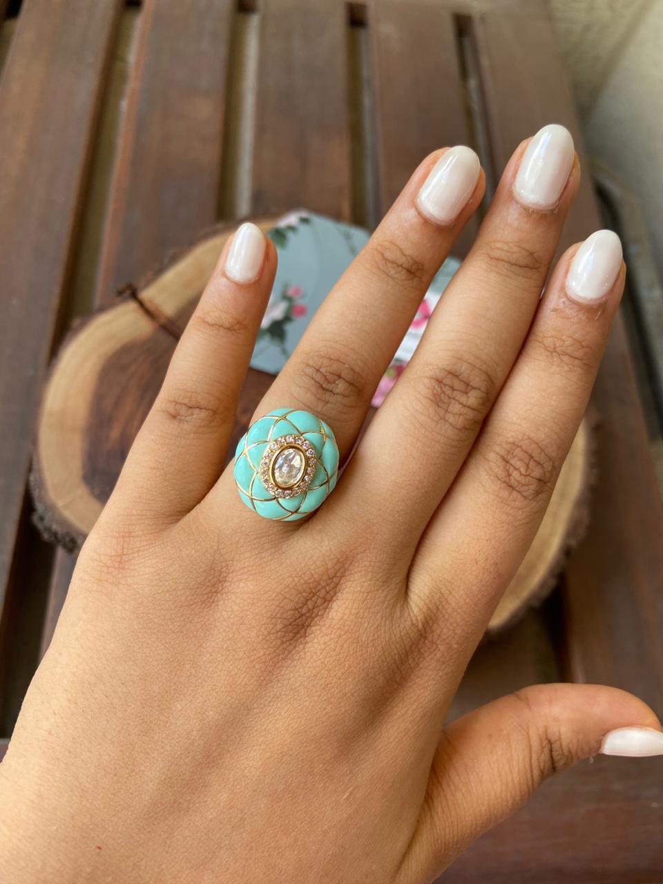 Vedavati Enamel IndoWestern Polki Ring | Adjustable - Attrangi