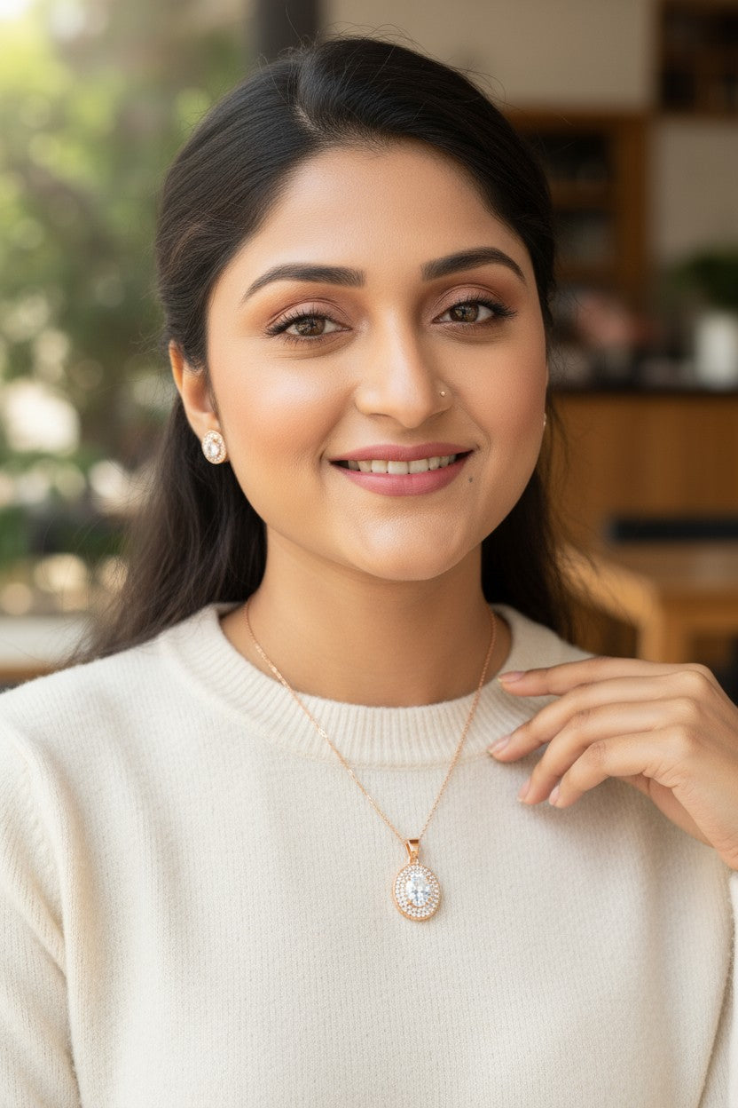 Rose Gold Plated Ruby Oval Pendant Necklace and Earring Set for Women and Girls | Anti-Tarnish | Anti-Allergy | Office Wear | Gifting