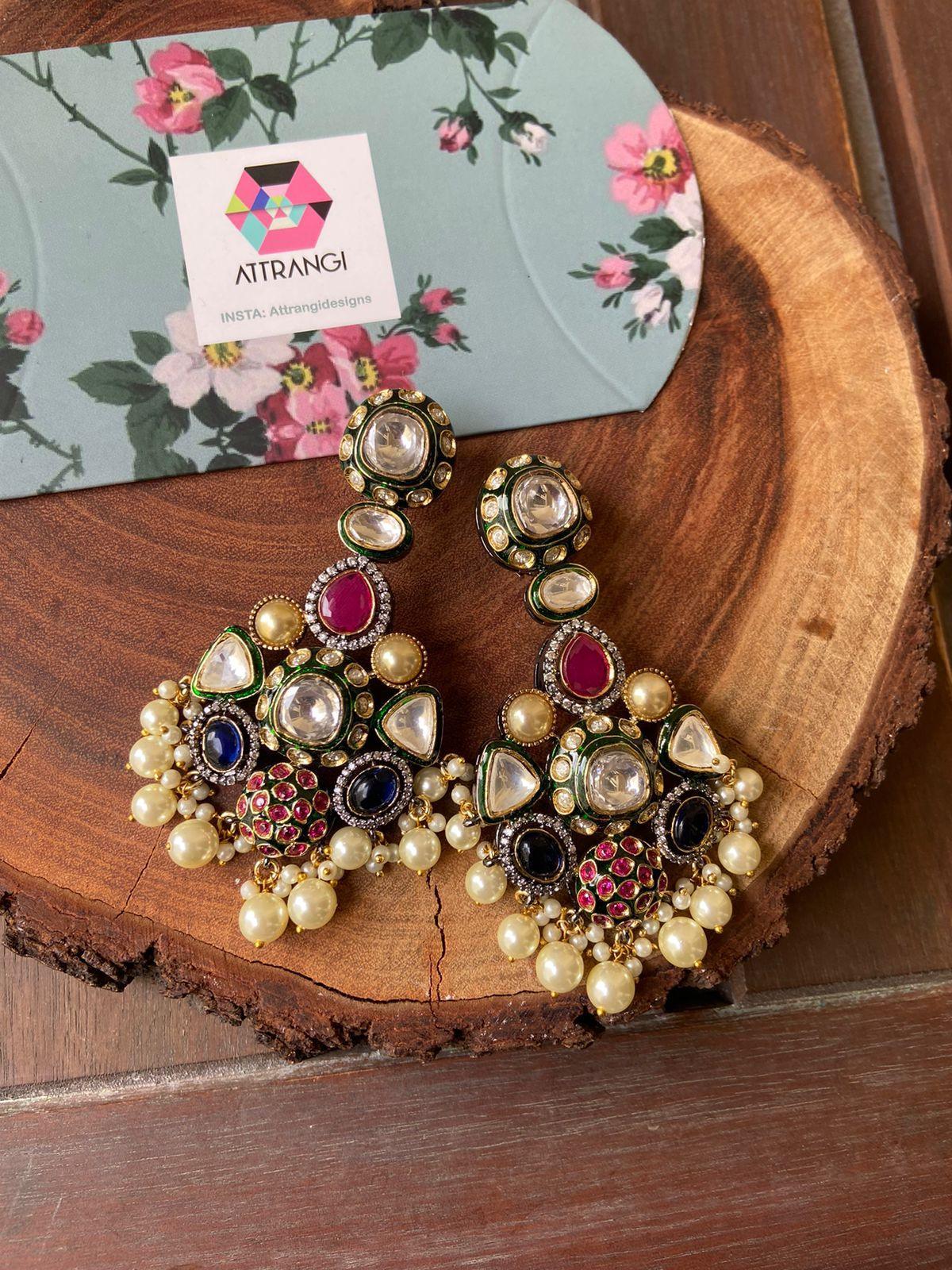 Vismaya Polki And Meenakari Long Indian Earrings - Attrangi