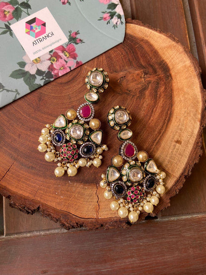 Vismaya Polki And Meenakari Long Indian Earrings - Attrangi