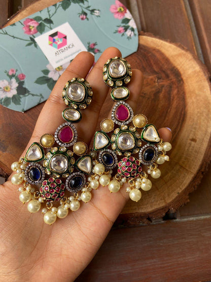 Vismaya Polki And Meenakari Long Indian Earrings - Attrangi