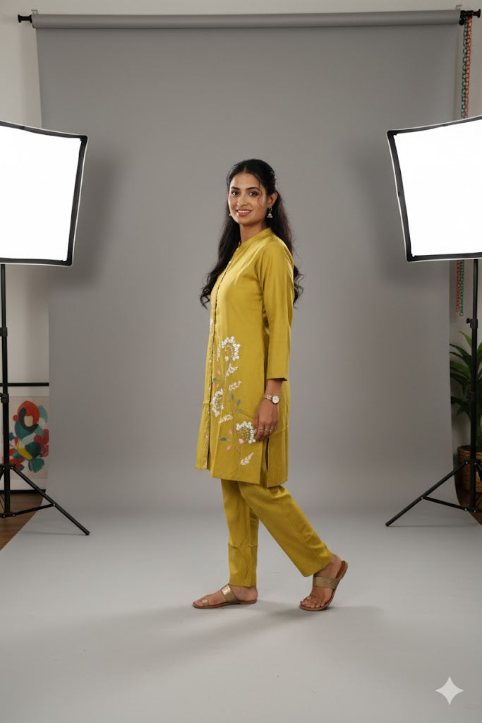 Mustard Yellow Kurti With White Floral Embroidery For Women & Girls