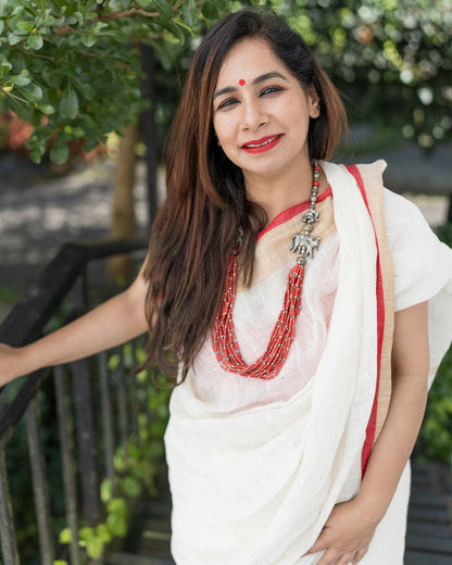 Premium Woven Linen Saree - Saanjh Safed