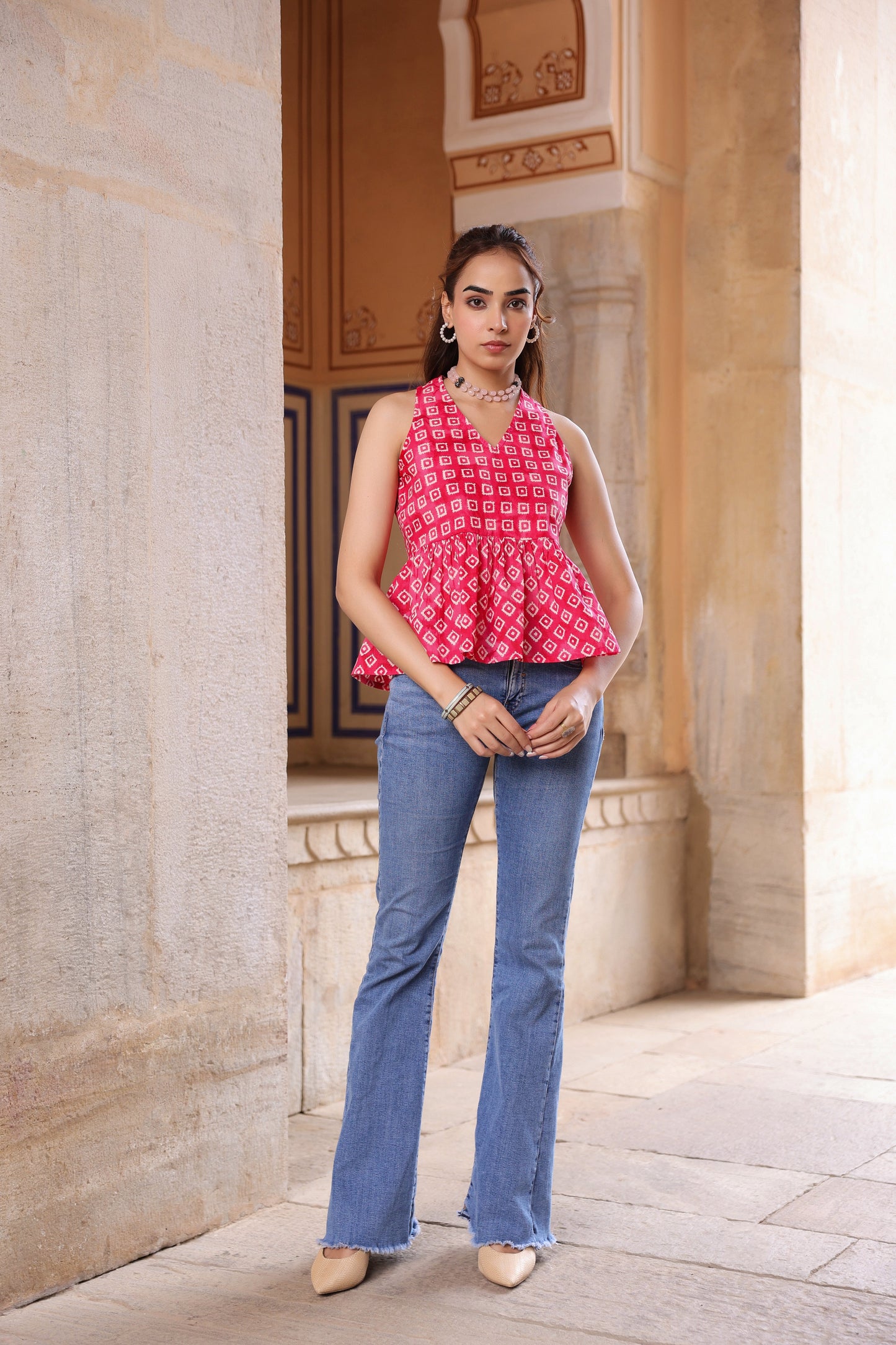 women printed cotton peplum top