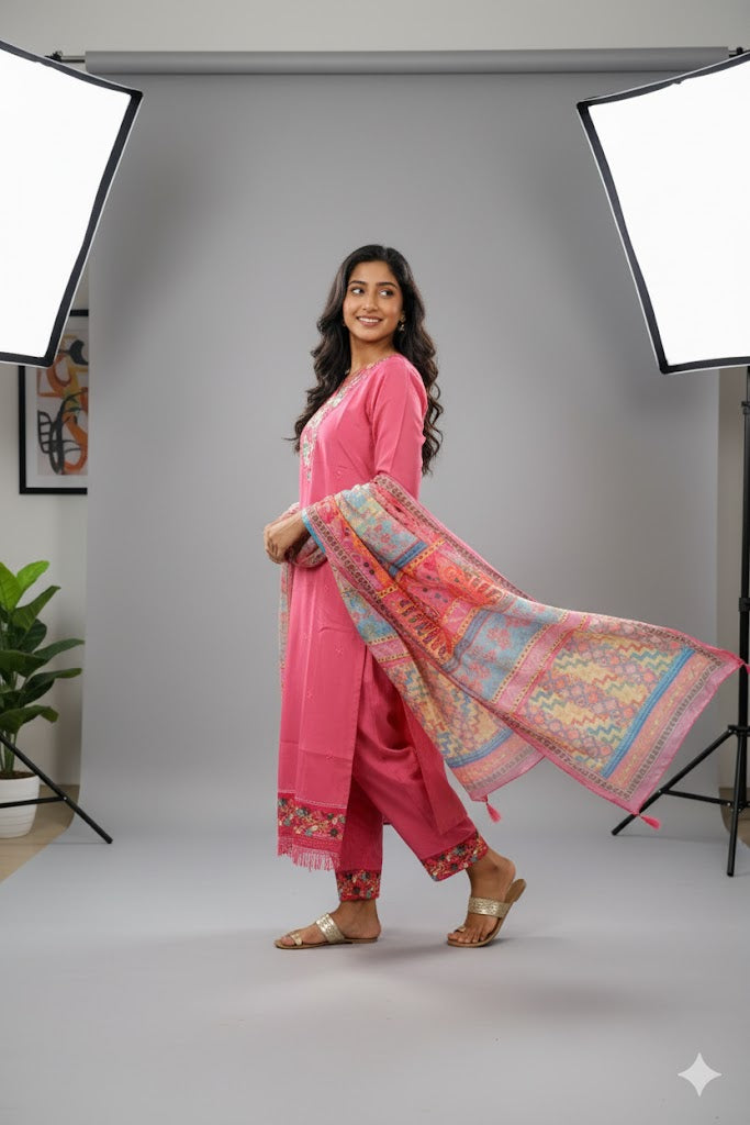 Pink Crepe Floral Printed Embroidered Sharara Kurti For Women & Girls