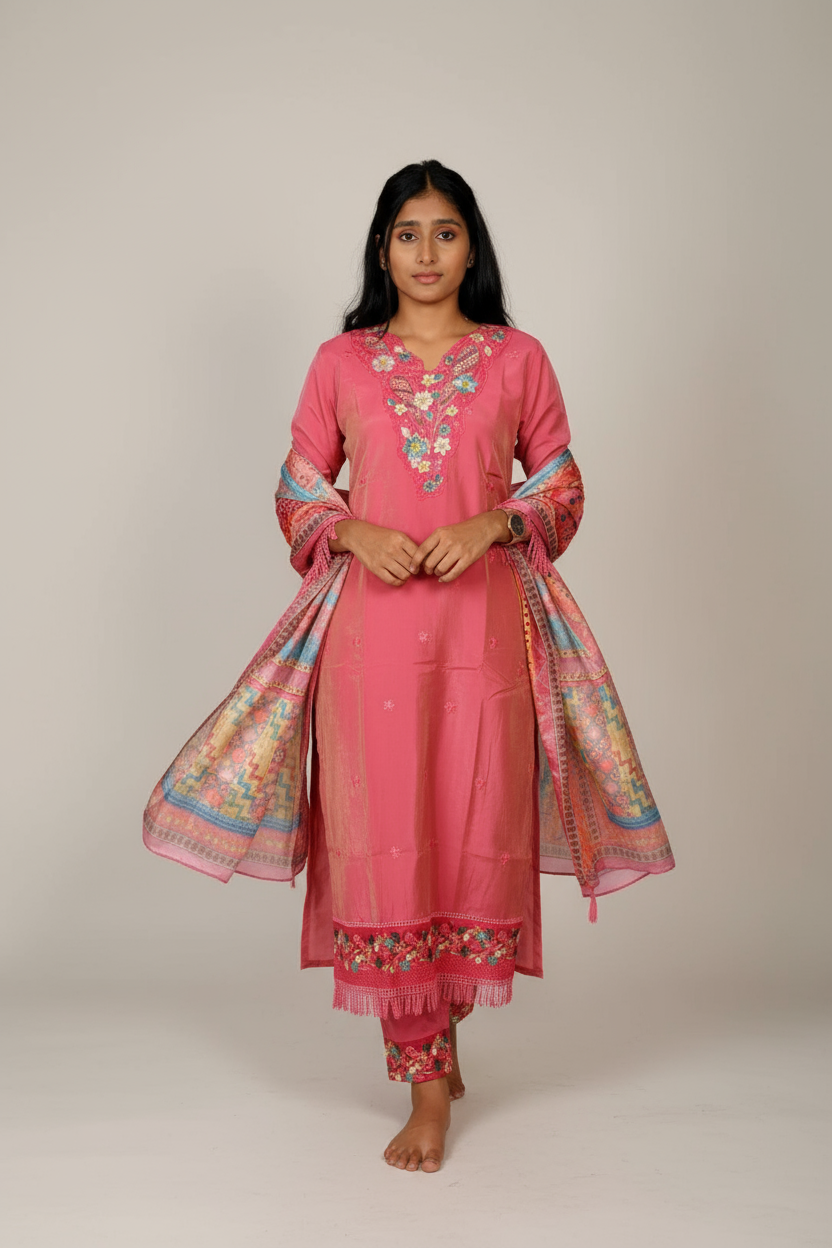 Pink Crepe Floral Printed Embroidered Sharara Kurti For Women & Girls