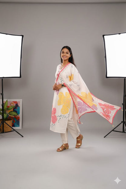 White Floral Print Salwar Kameez For Women & Girls