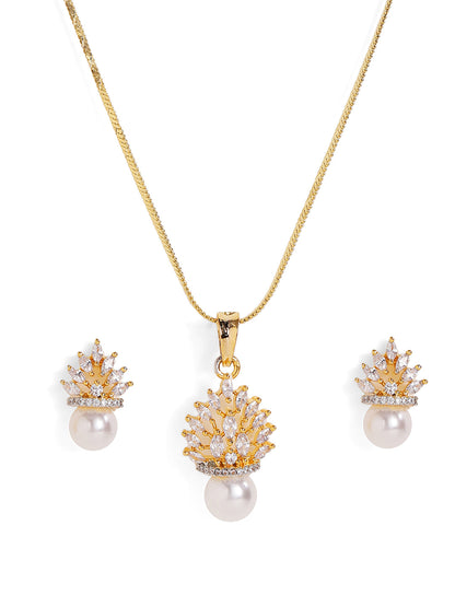 Floral American Diamond Gold Plated Pendant Pearl Drop Earrings Jewellery Set