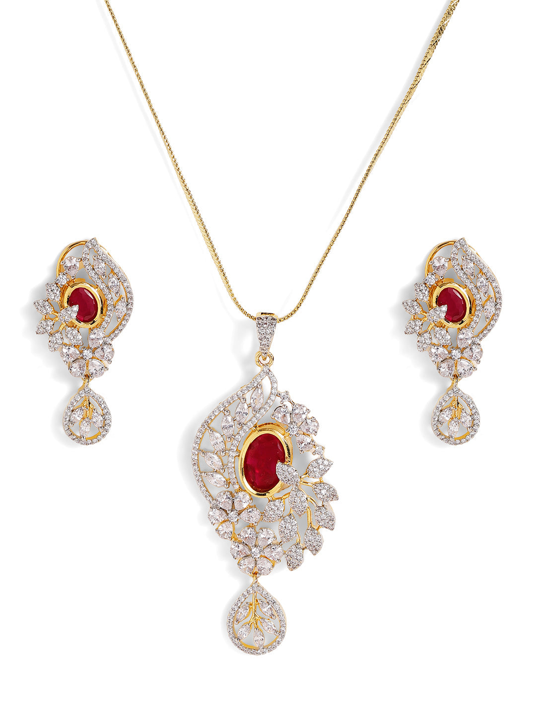 Red Stoned American Diamond Floral Pendant Gold Plated Drop Earrings Jewellery Set