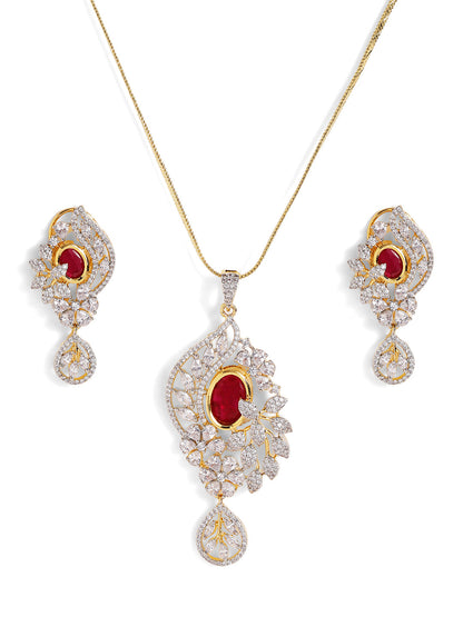 Red Stoned American Diamond Floral Pendant Gold Plated Drop Earrings Jewellery Set