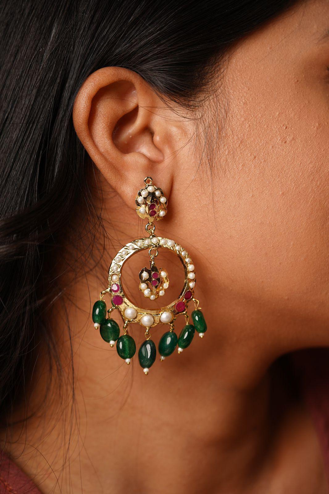 Zahra Medium Sized Jadaau Chandbali | LightWeight Earrings - Attrangi