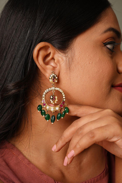 Zahra Medium Sized Jadaau Chandbali | LightWeight Earrings - Attrangi