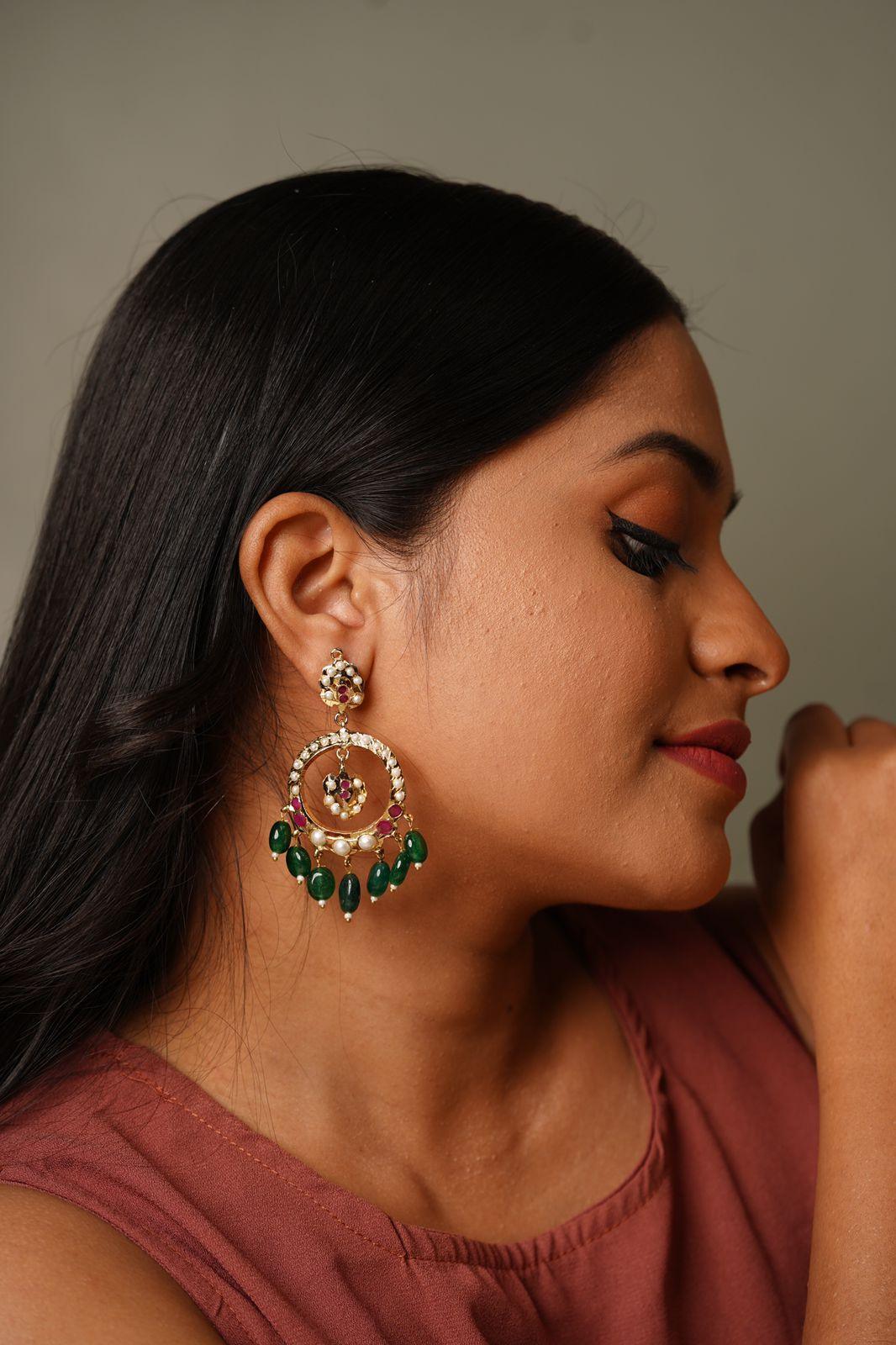 Zahra Medium Sized Jadaau Chandbali | LightWeight Earrings - Attrangi