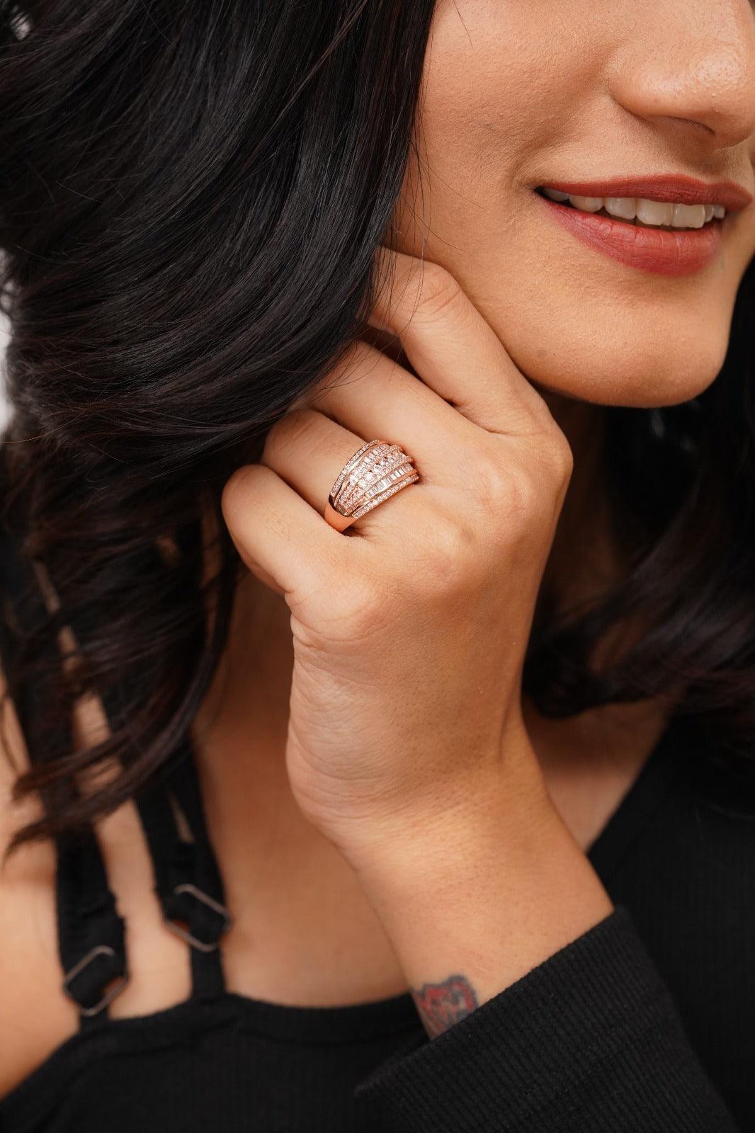 Zoe Multi Row Concave Ring | Baguette And Round Diamond - Attrangi